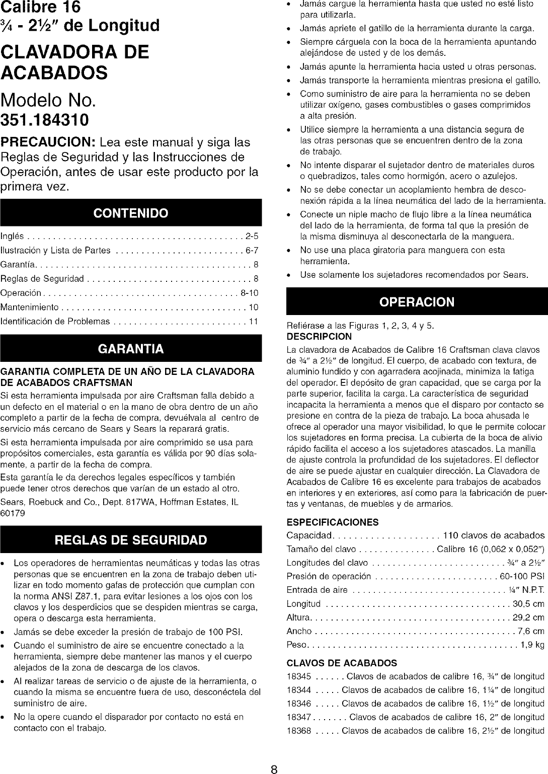 Page 8 of 12 - Craftsman 351184310 User Manual  FINISH NAILER - Manuals And Guides LR708015