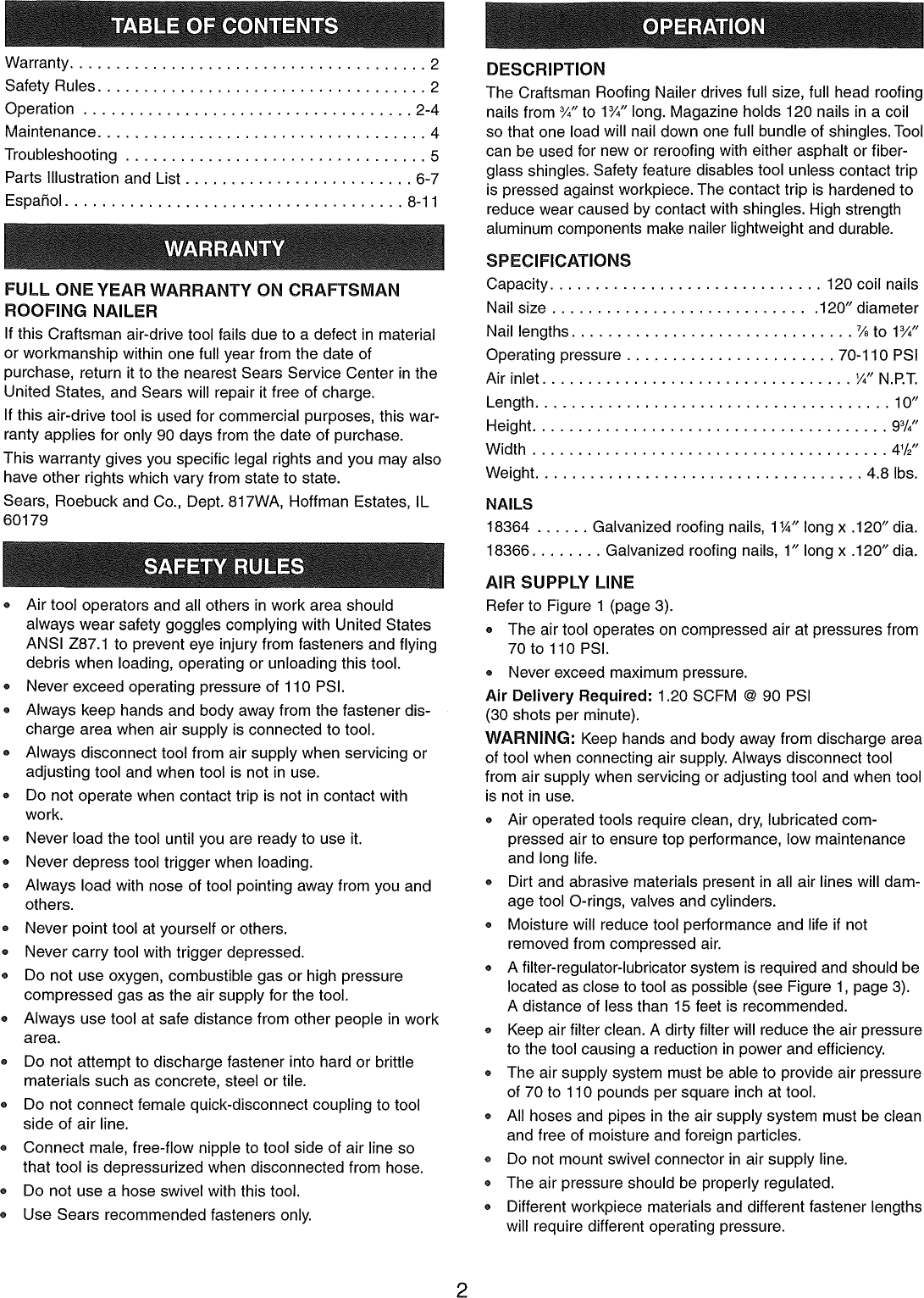 Page 2 of 12 - Craftsman 351184440 1008734L User Manual  ROOFING NAILER - Manuals And Guides