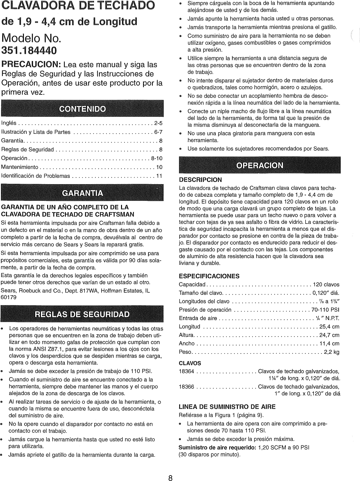 Page 8 of 12 - Craftsman 351184440 1008734L User Manual  ROOFING NAILER - Manuals And Guides