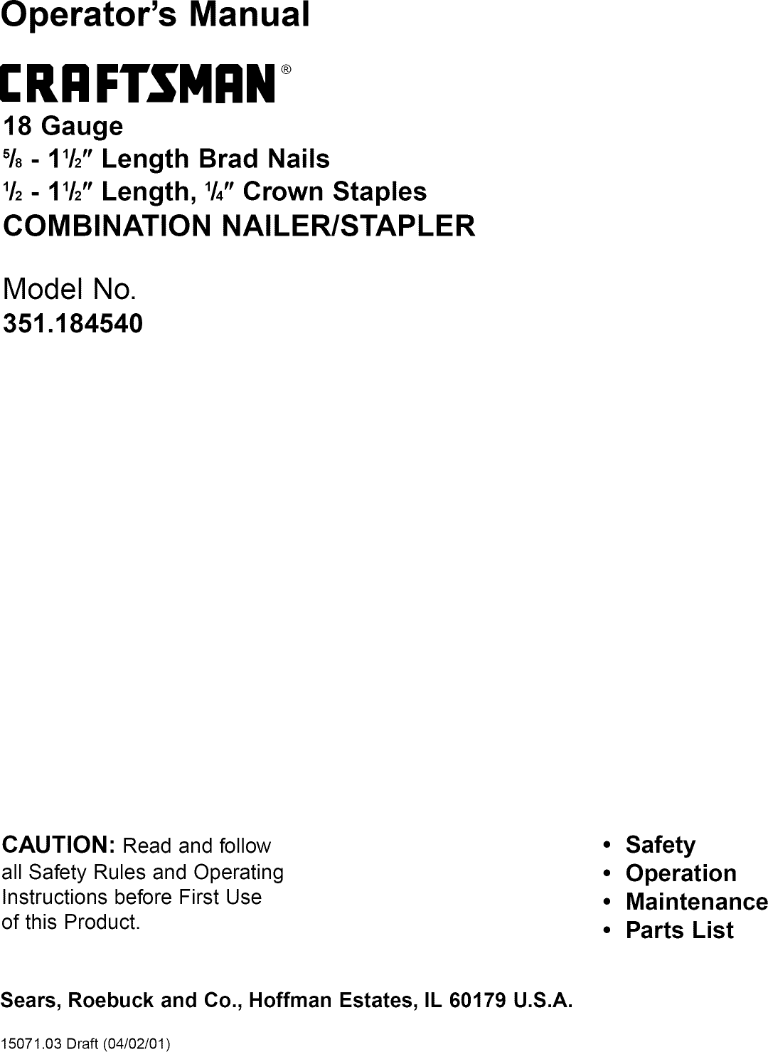 Page 1 of 8 - Craftsman 351184540 User Manual  COMBINATION NAILER/STAPLER - Manuals And Guides L0904333