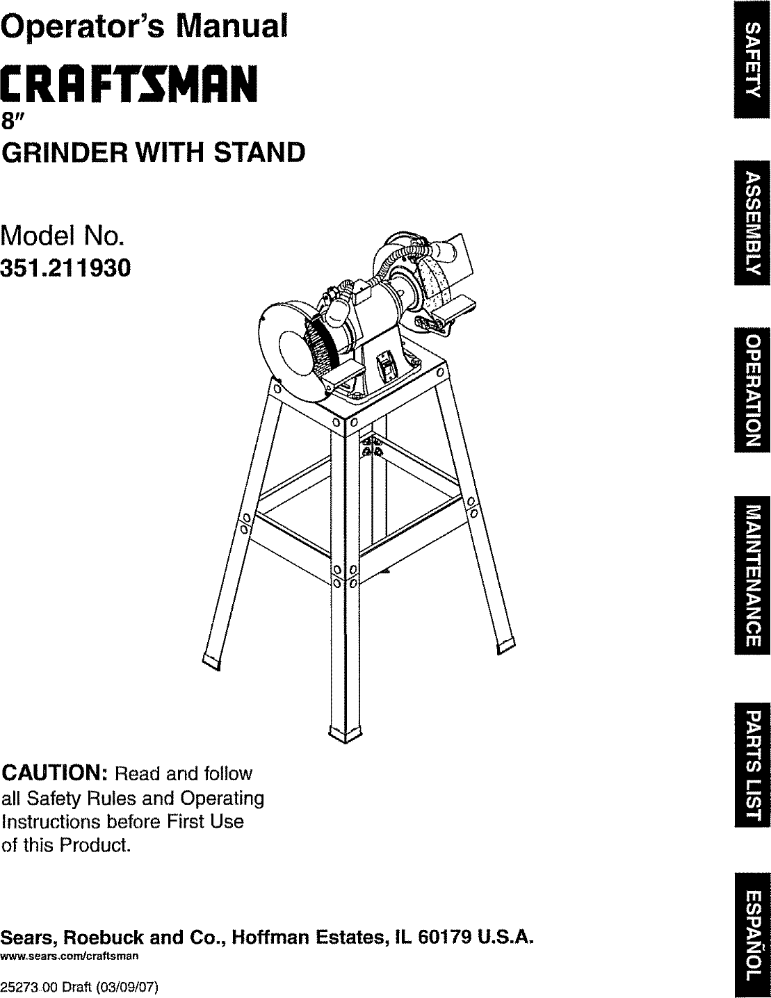 Craftsman 351211930 User Manual GRINDER W/STAND Manuals And Guides L0709289