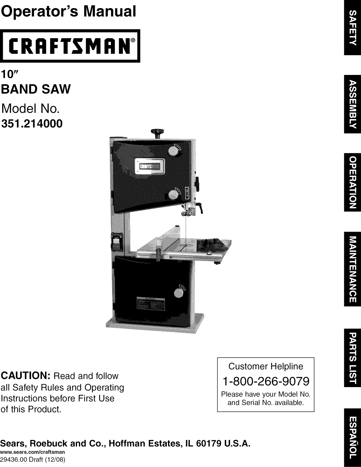 Craftsman 351214000 User Manual BAND SAW Manuals And Guides L0910010
