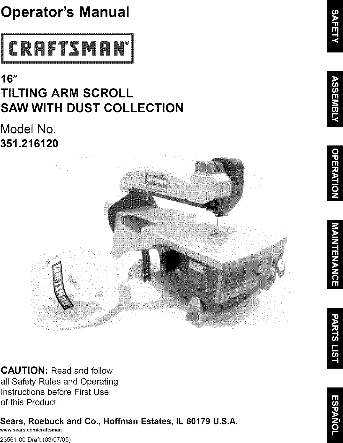 Craftsman 351216120 User Manual SCROLL SAW Manuals And Guides L0521398