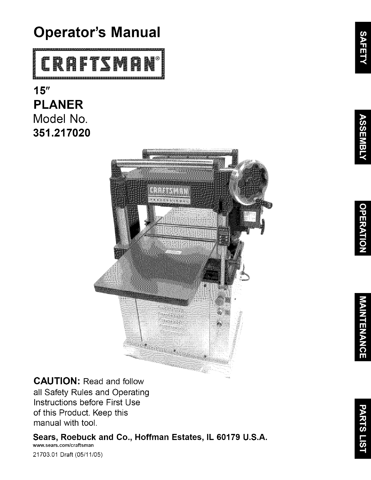 Craftsman 351217020 User Manual 15 PLANER Manuals And Guides L0521399