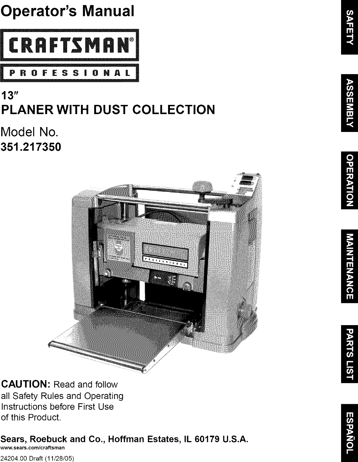 Craftsman 351217350 User Manual PLANER Manuals And Guides L0607451