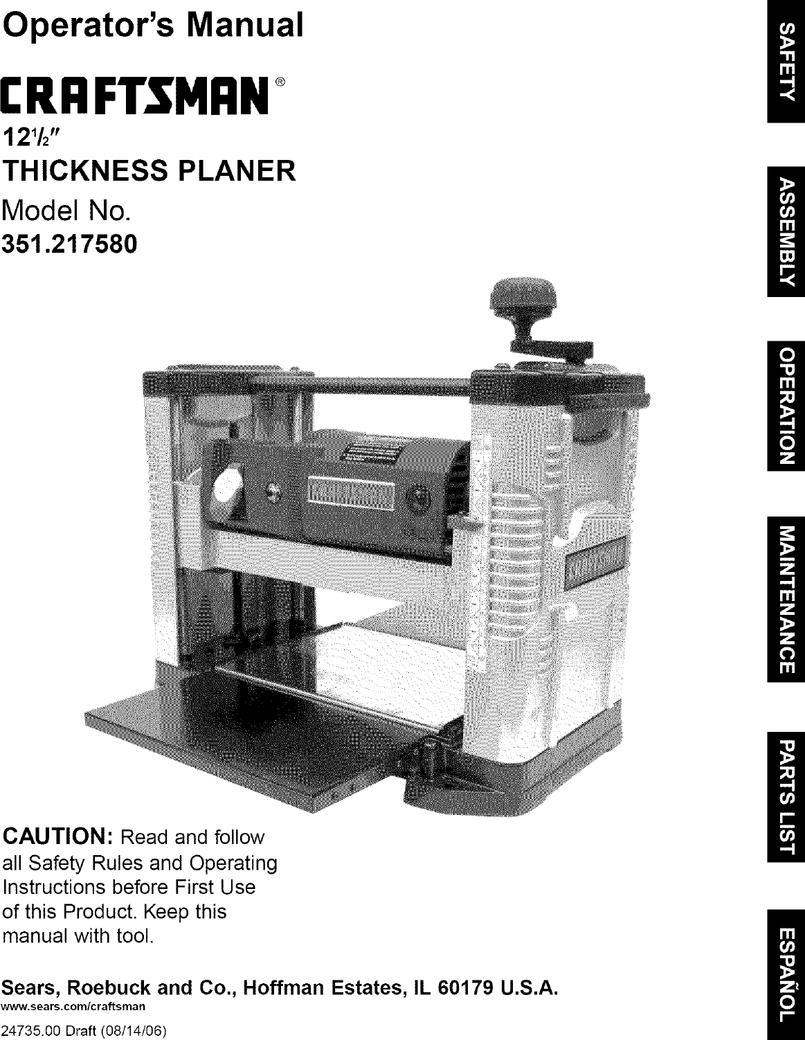 Craftsman 351217580 User Manual 12 1/2 THICKNESS PLANER Manuals And Guides L0612241