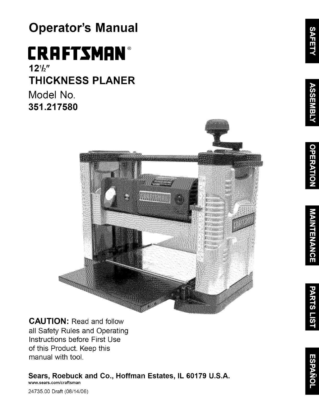 Craftsman 351217580 User Manual 12 1/2 THICKNESS PLANER Manuals And