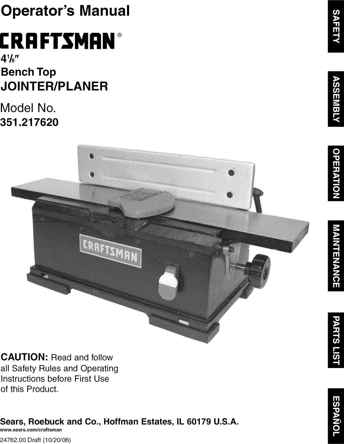 Craftsman 351217620 User Manual JOINTER/PLANER Manuals And Guides L0807583