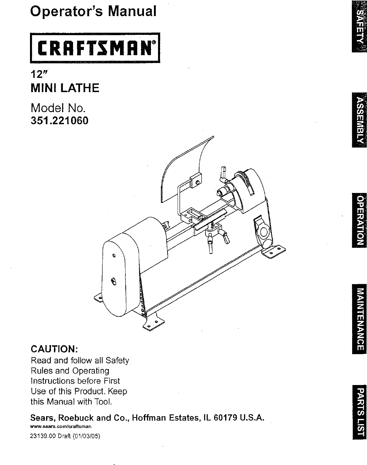 Craftsman 351221060 User Manual 12 MINI LATHE Manuals And Guides L0521266