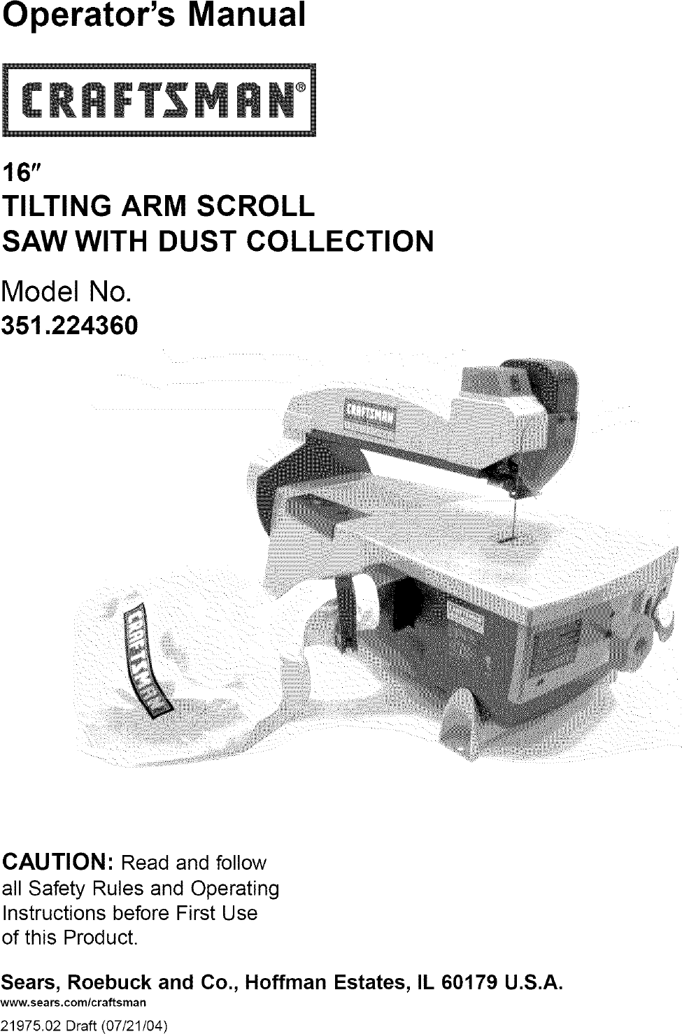 Craftsman 351224360 User Manual SCROLL SAW Manuals And Guides L0411298