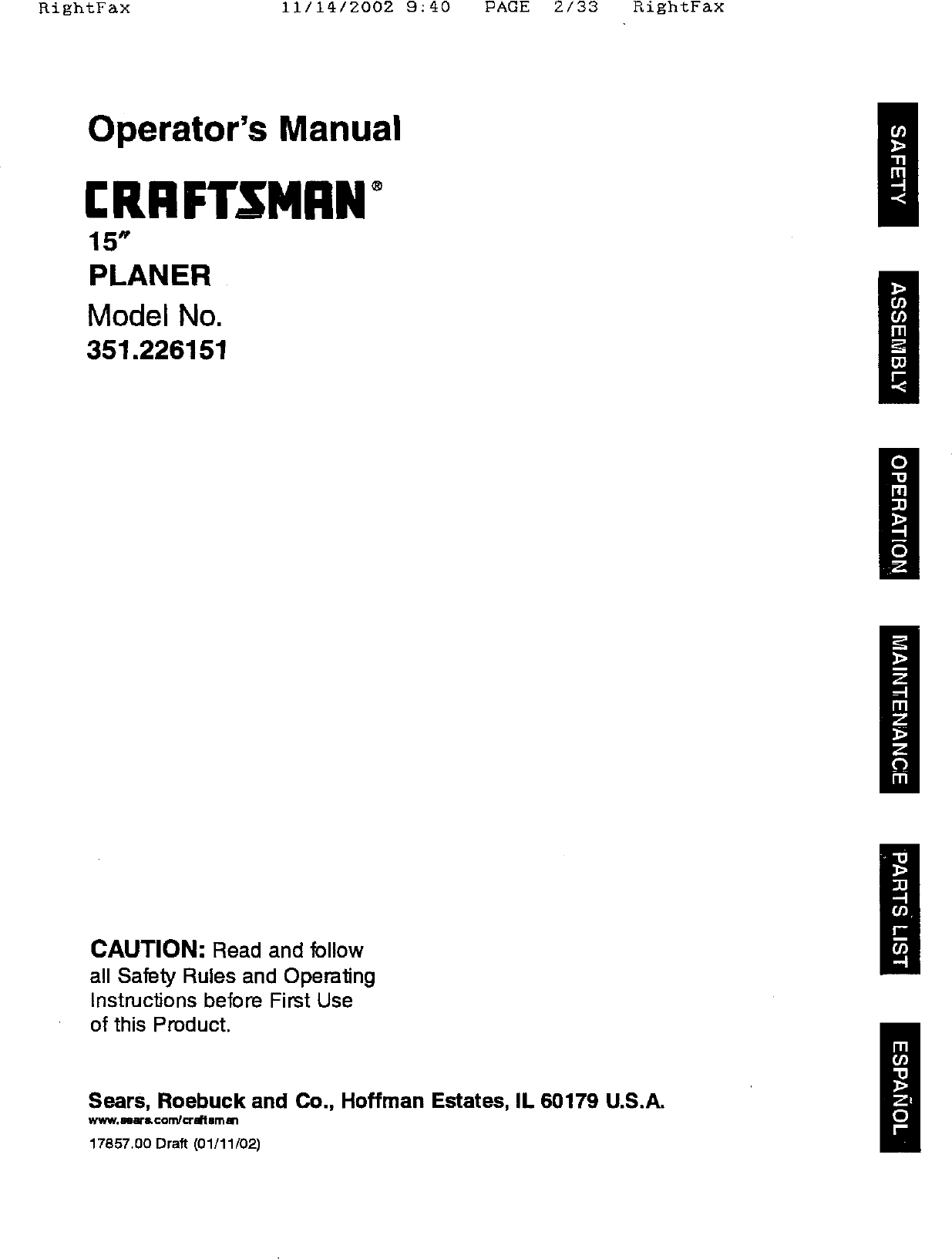 Craftsman 351226151 User Manual PLANER Manuals And Guides L0606319