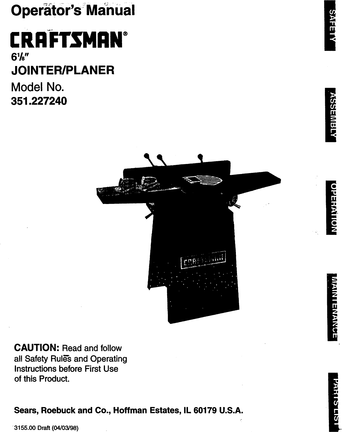Craftsman 351227240 User Manual JOINTER/PLANER Manuals And Guides 98080201