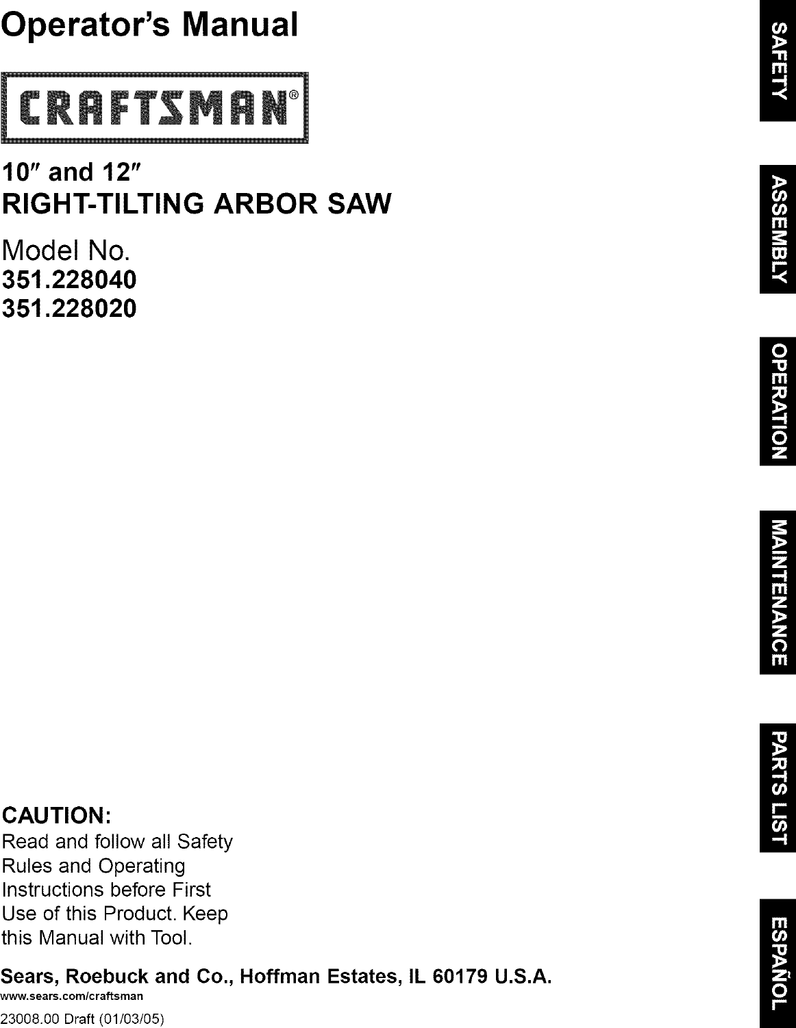 Craftsman 351228020 User Manual RIGHT TILTING ARBOR SAW Manuals And