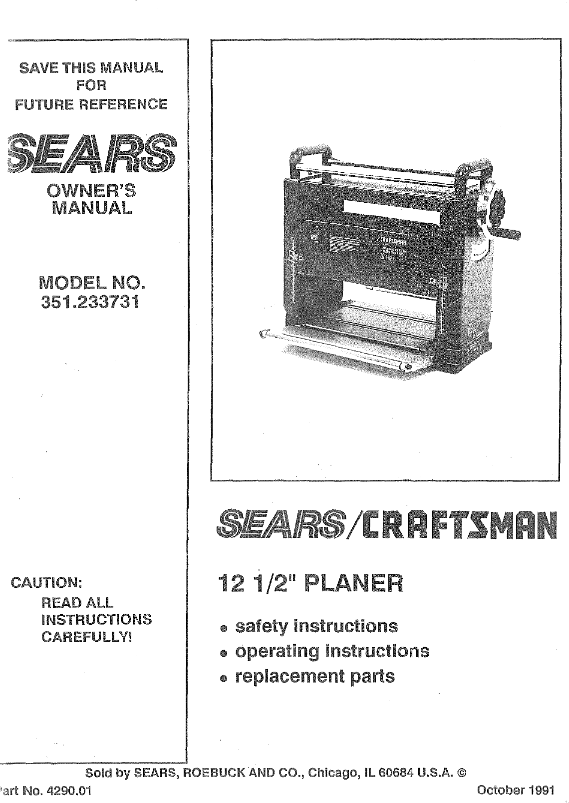 Craftsman 351233731 User Manual PLANER Manuals And Guides L0711560