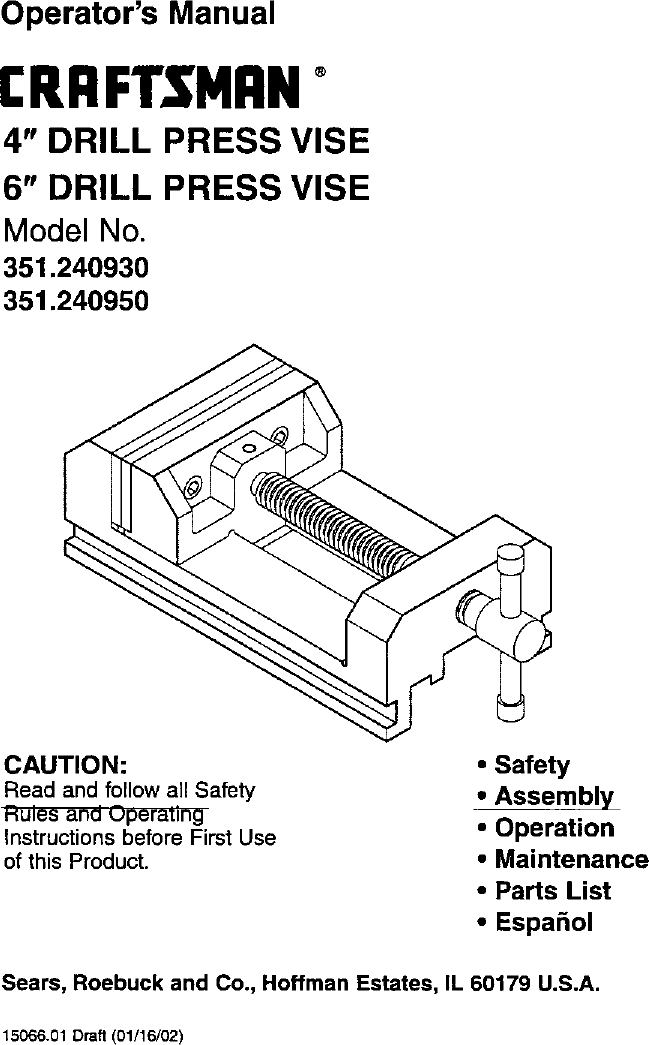 Page 1 of 8 - Craftsman 351240930 User Manual  VISE - Manuals And Guides L0501034