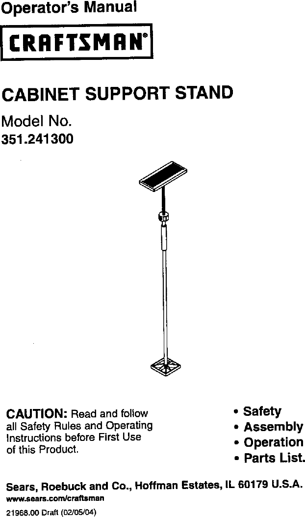Page 1 of 8 - Craftsman 351241300 User Manual  CABINET SUPPORT STAND - Manuals And Guides L0406465
