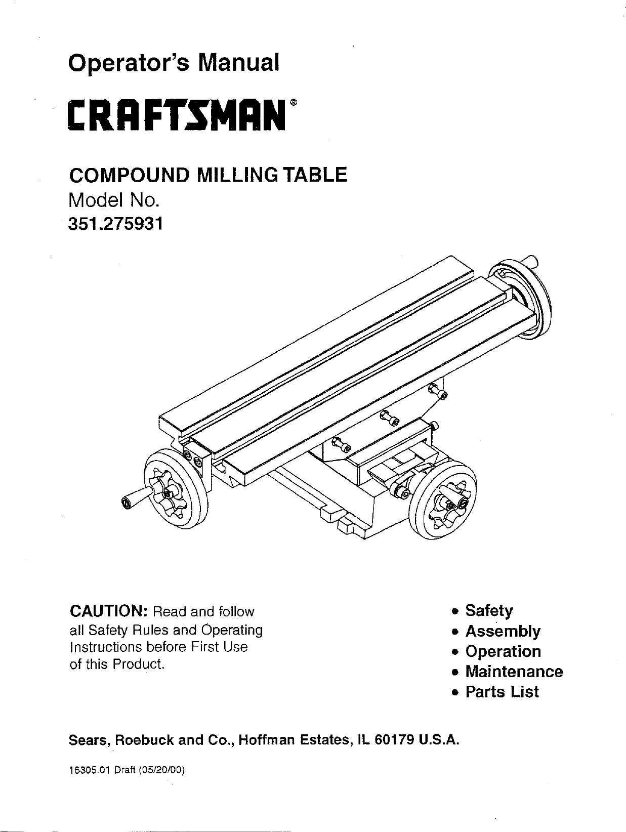 Page 1 of 6 - Craftsman 351275931 User Manual  COMPOUND MILLING TABLE - Manuals And Guides L0521267
