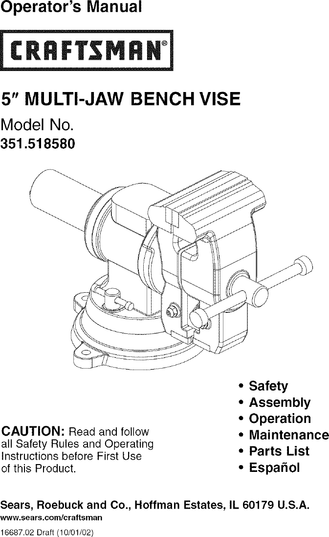 Page 1 of 6 - Craftsman 351518580 User Manual  JAW BENCH VISE - Manuals And Guides L0803290