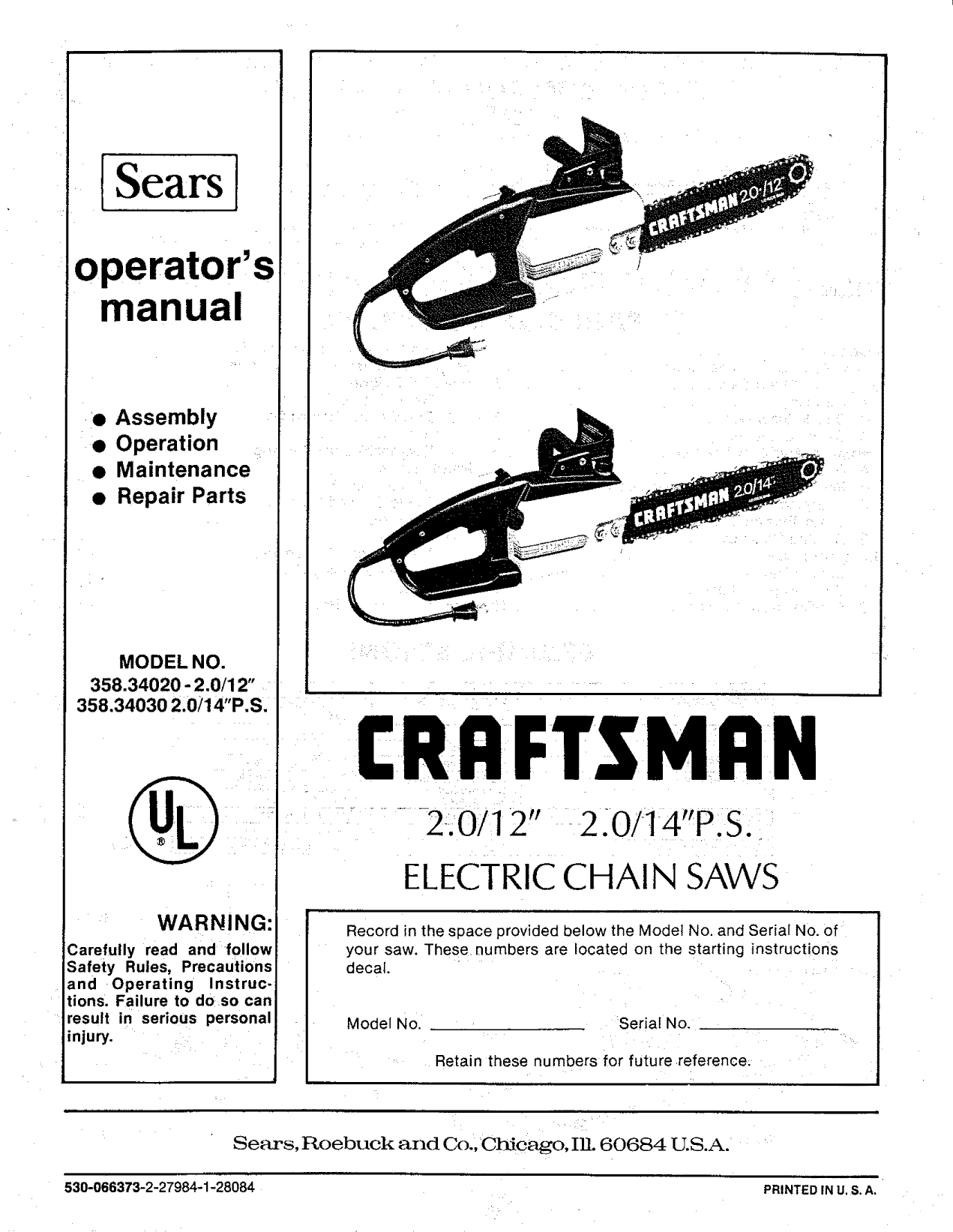 Craftsman 35834020 User Manual ELECTRIC CHAIN SAWS Manuals And Guides