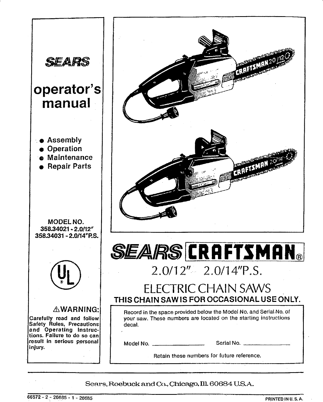 Craftsman 35834021 User Manual ELECTRIC CHAIN SAWS Manuals And Guides