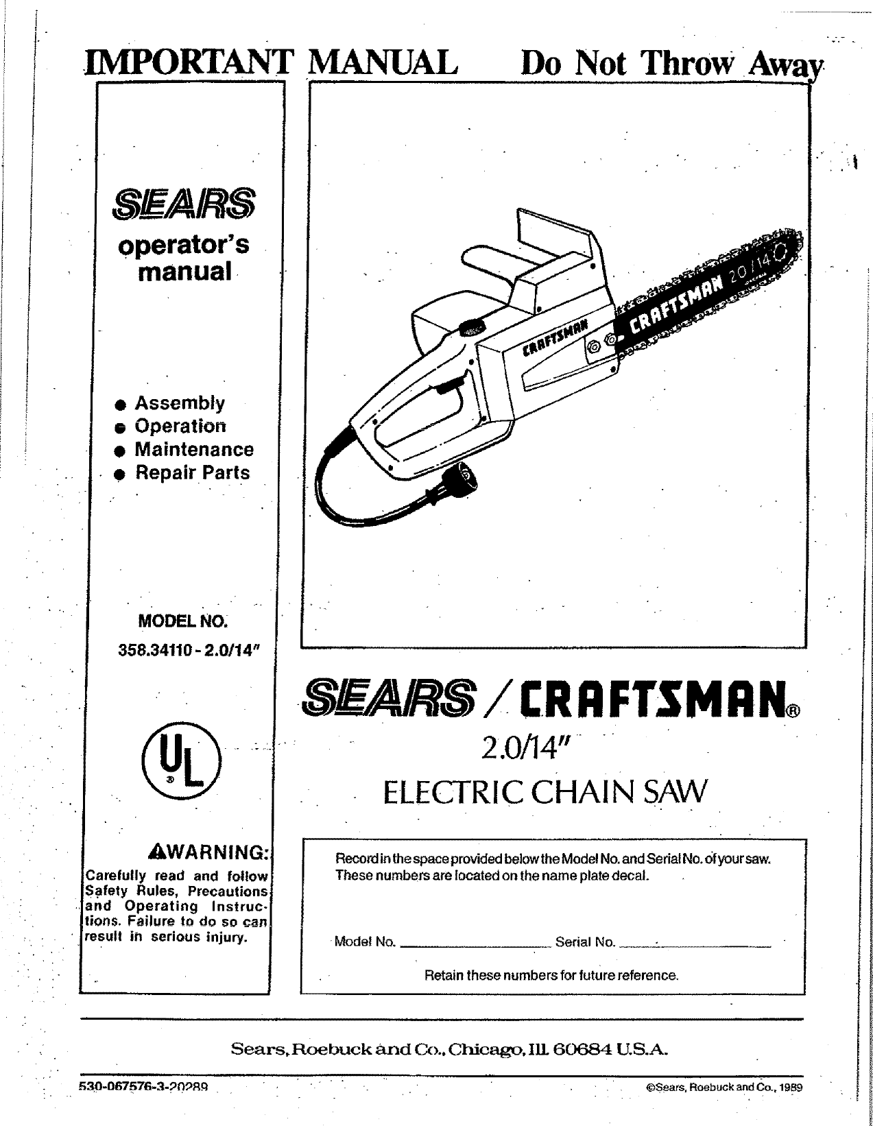 Craftsman 35834110 User Manual CHAIN SAW 14 Manuals And Guides L0710612