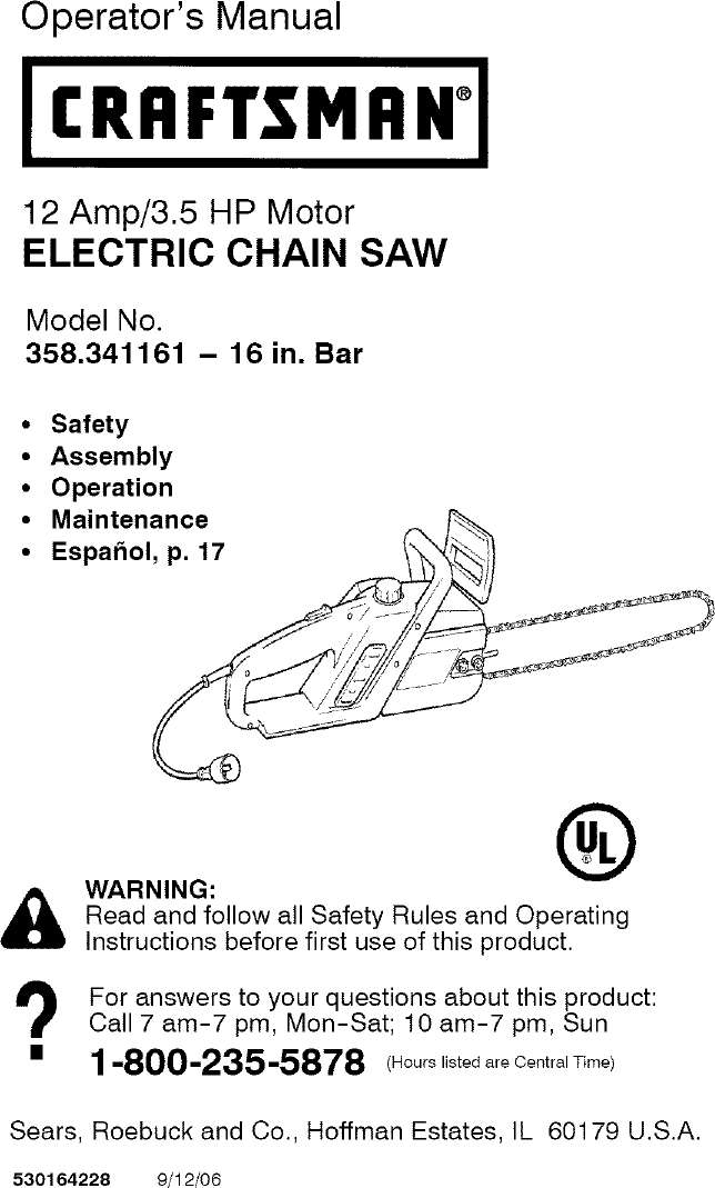 Craftsman 358341161 User Manual ELECTRIC CHAIN SAW Manuals And Guides