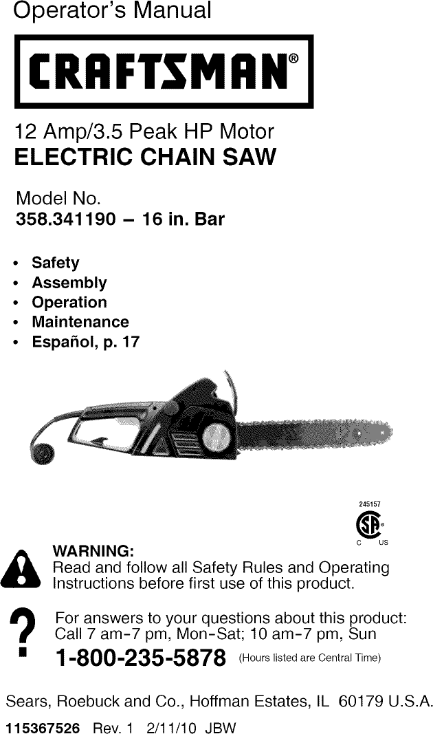 Craftsman 358341190 User Manual ELECTRIC CHAIN SAW Manuals And Guides  L1004090