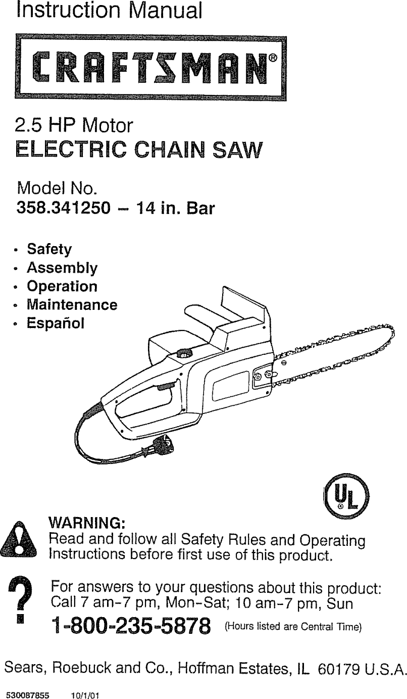 Craftsman 358341250 User Manual CHAINSAW Manuals And Guides L0910177