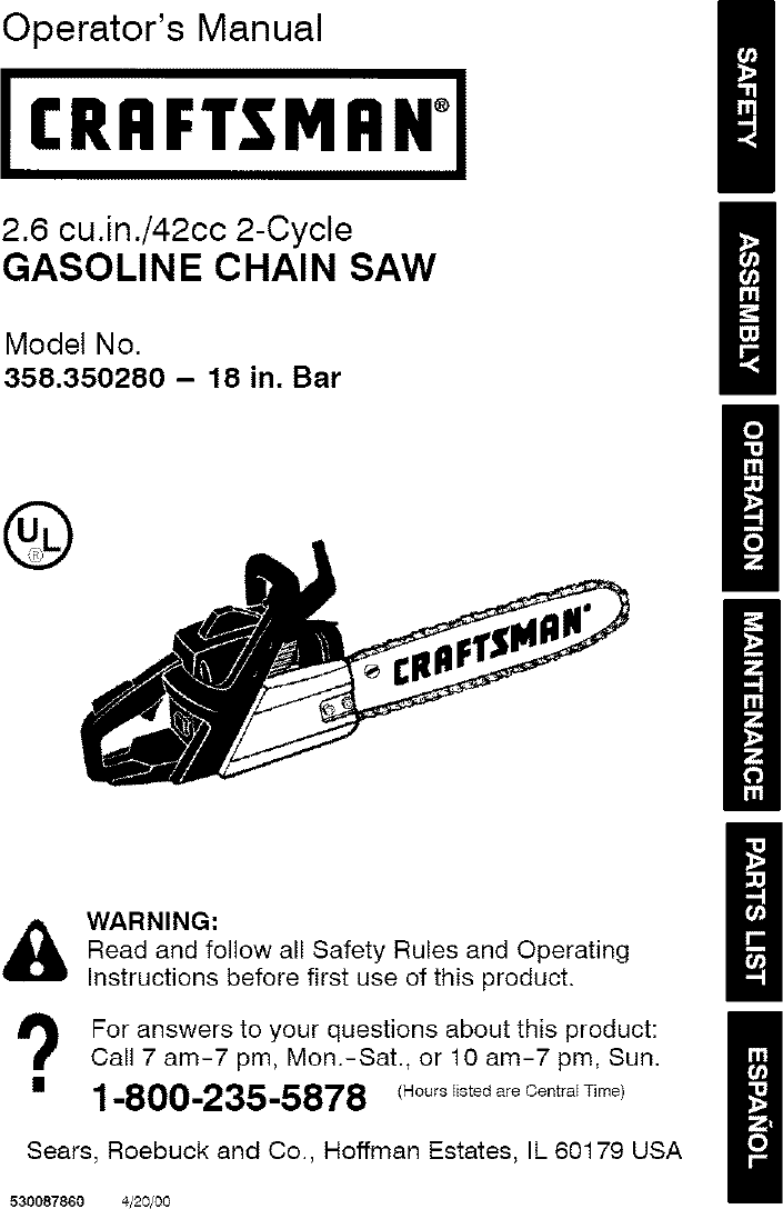 Craftsman 358350280 User Manual CHAINSAW Manuals And Guides L0806853
