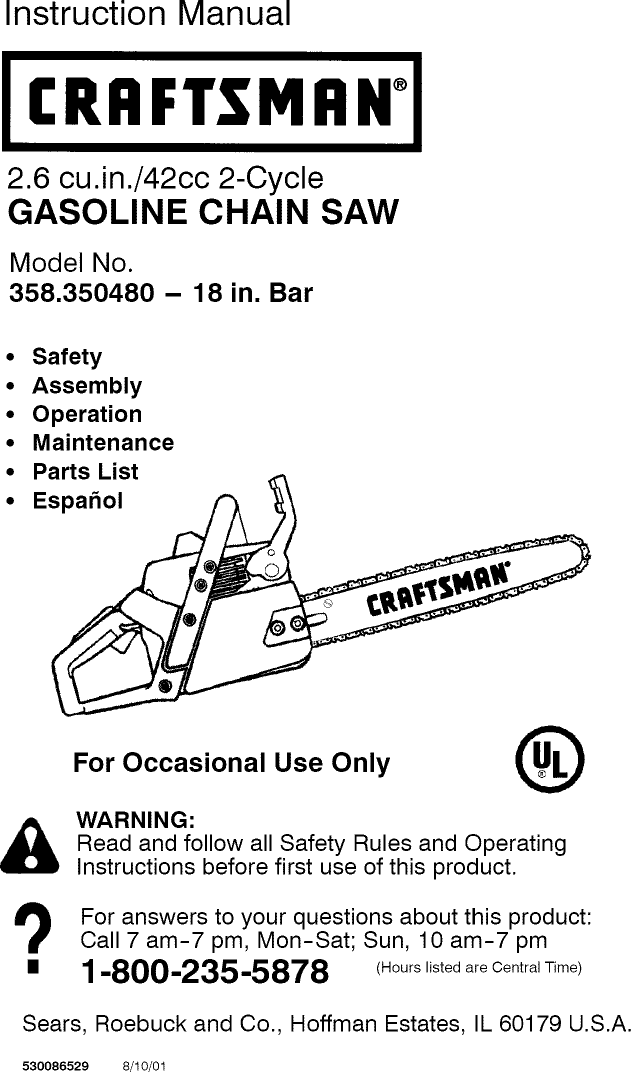 Craftsman 358350480 User Manual GAS CHAINSAW Manuals And Guides L0809450