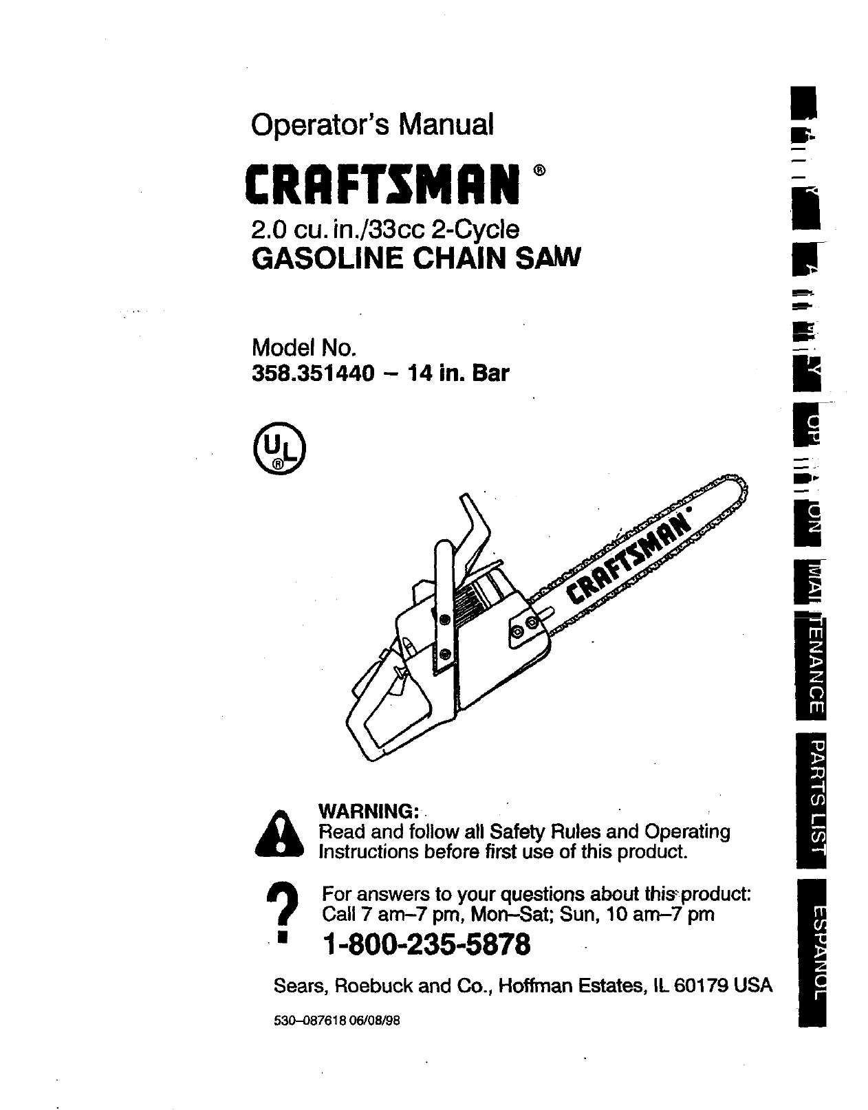 Craftsman 358351440 User Manual CHAINSAW Manuals And Guides 98110067