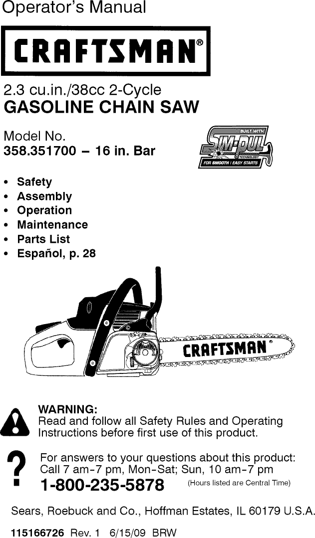Craftsman 358351700 L0905277 User Manual CHAIN SAW Manuals And Guides