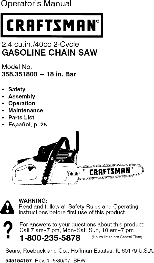 Craftsman 358351800 User Manual CHAIN SAW Manuals And Guides L0706462