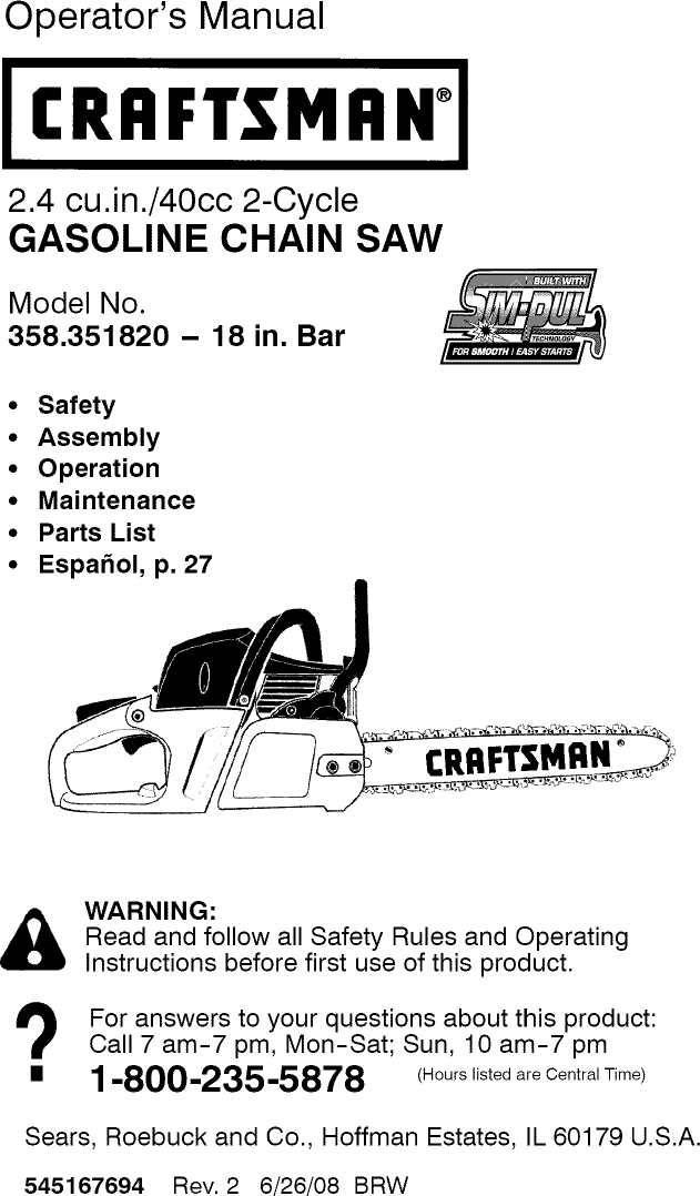 Craftsman 358351820 User Manual CHAIN SAW Manuals And Guides L0809456