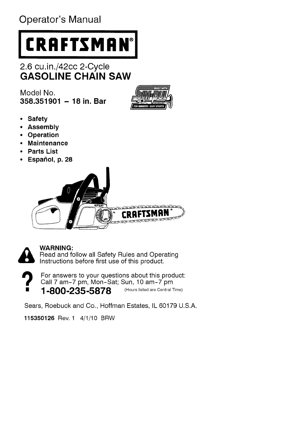 Craftsman 358351901 User Manual Chain Saw Manuals And Guides