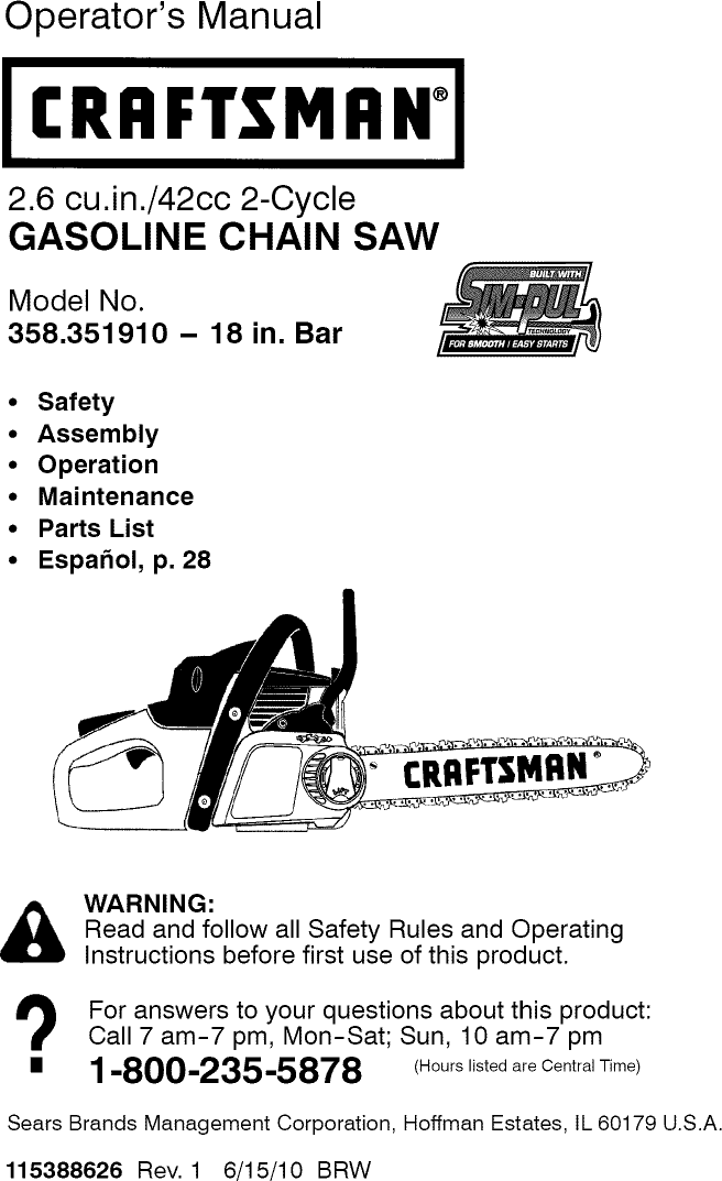 Craftsman 358351910 User Manual CHAIN SAW Manuals And Guides 1007637L