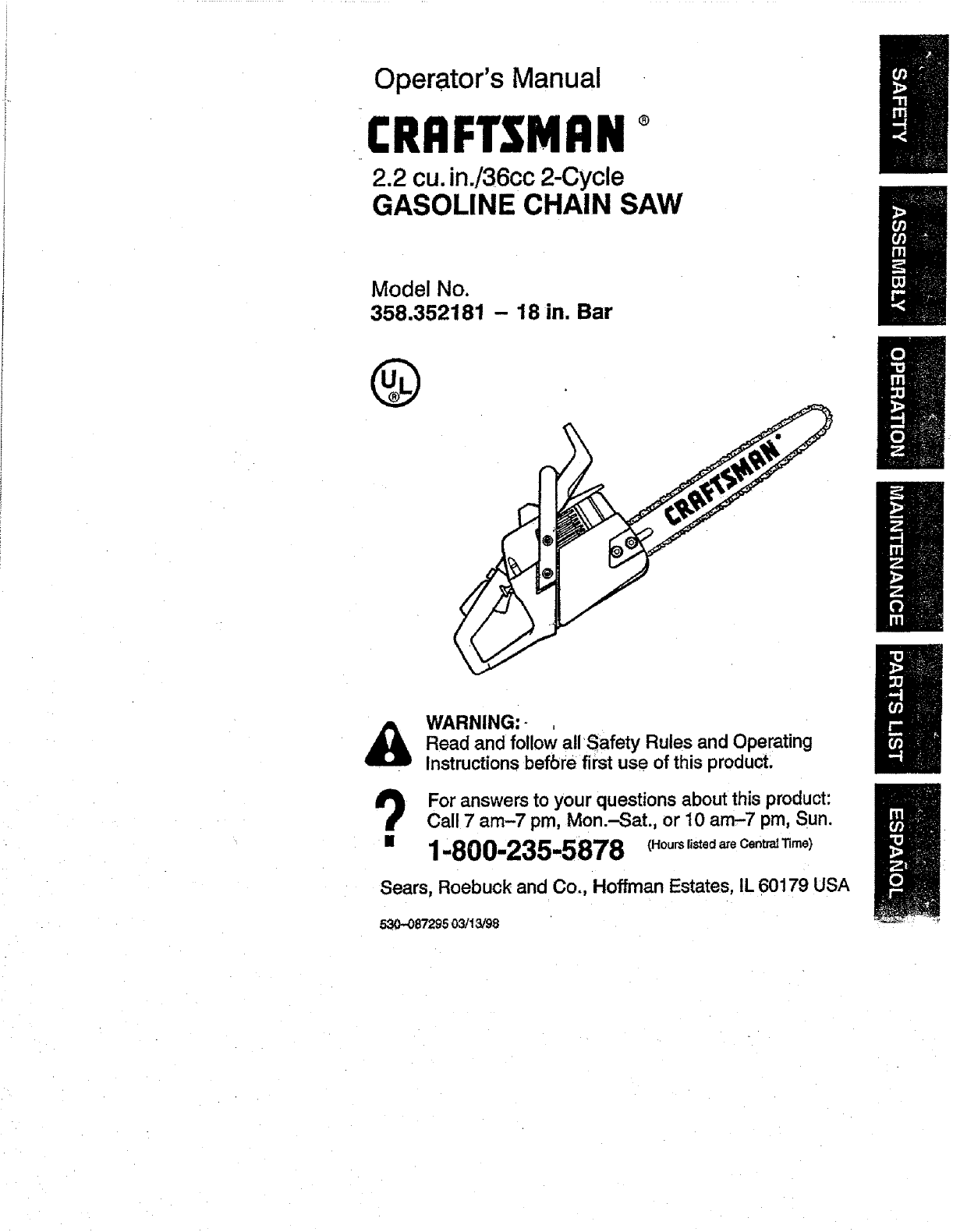 Craftsman 358352180 User Manual CHAIN SAW Manuals And Guides L0710276