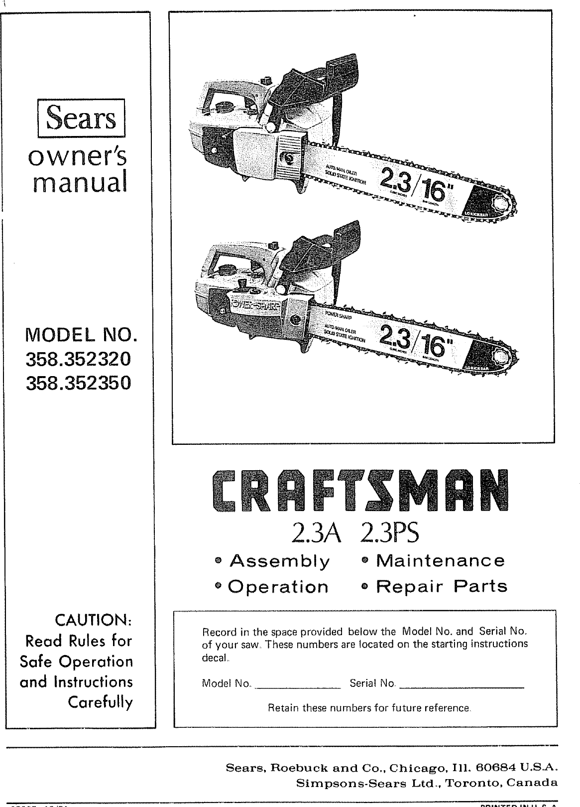 Page 1 of 10 - Craftsman 358352320 User Manual  CHAIN SAW - Manuals And Guides L0806100
