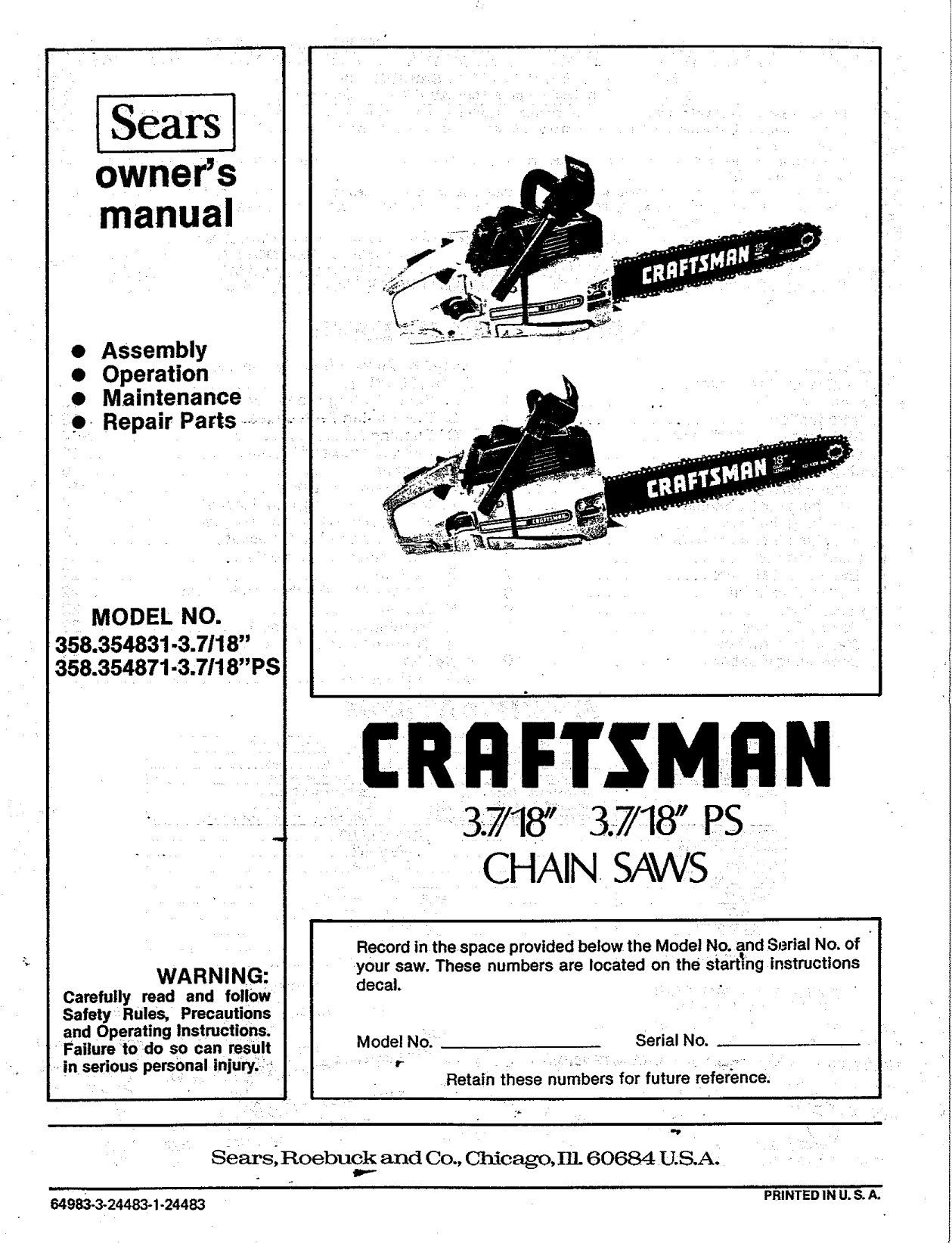 Craftsman 358354831 User Manual 3.7/18, 3.7/18 PS CHAIN SAWS Manuals