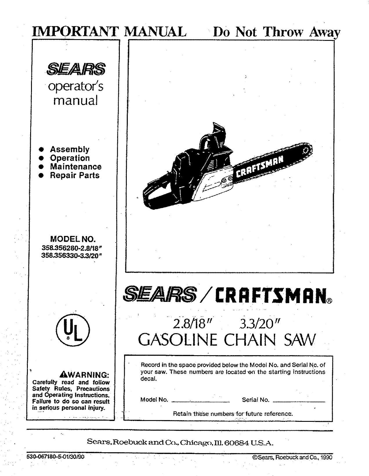 Craftsman 358356280 User Manual CHAIN SAW Manuals And Guides L0709417