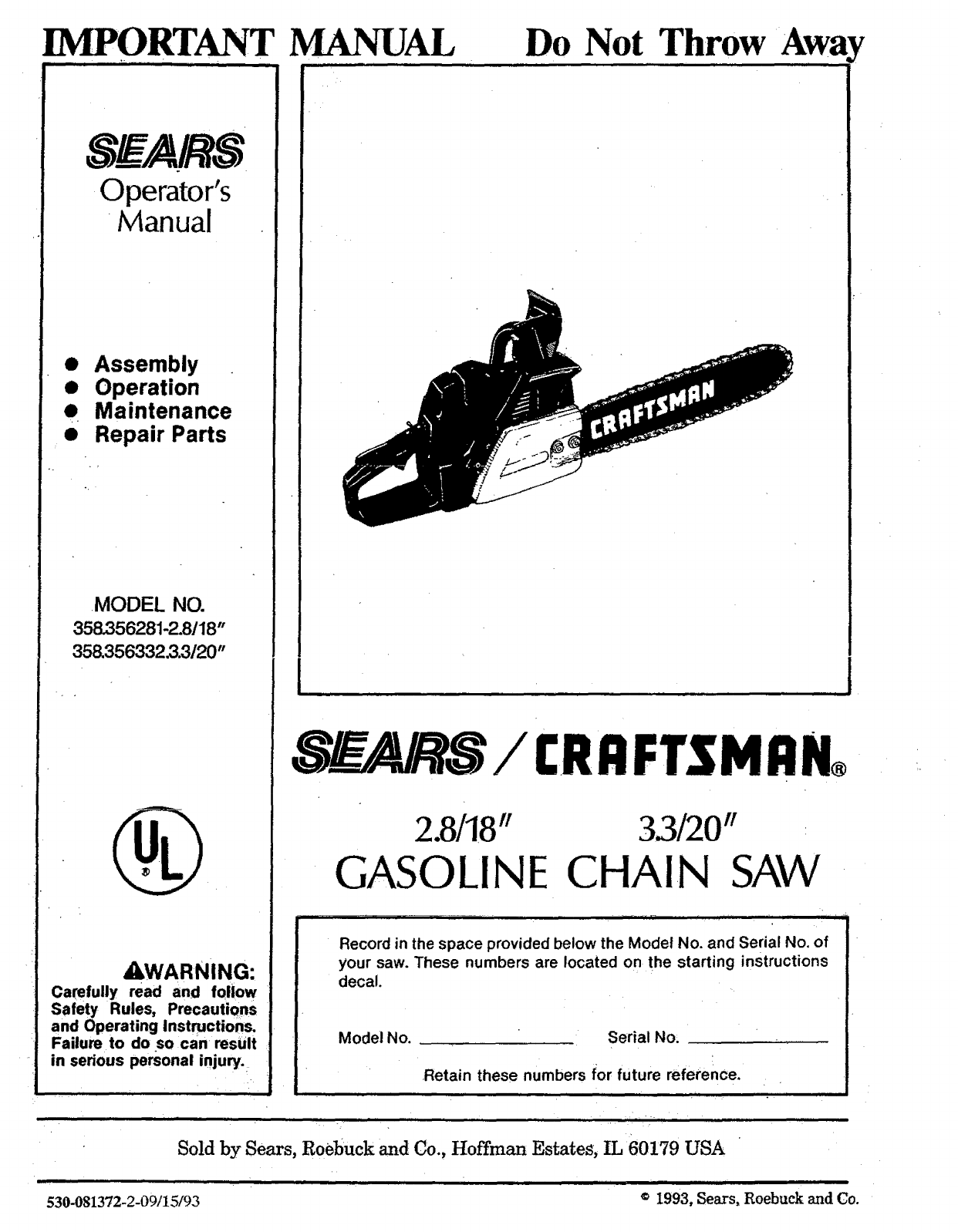 Craftsman 358356281 User Manual Gasoline Chain Saw Manuals