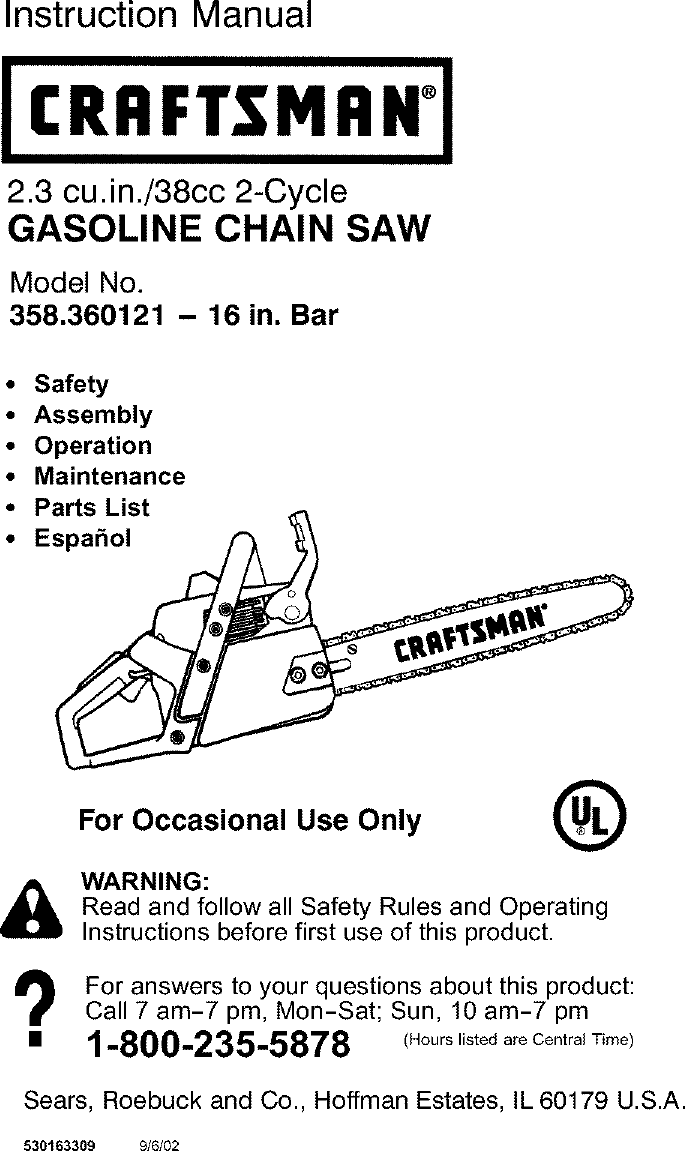 Craftsman 358360121 User Manual CHAIN SAW Manuals And Guides L0212052