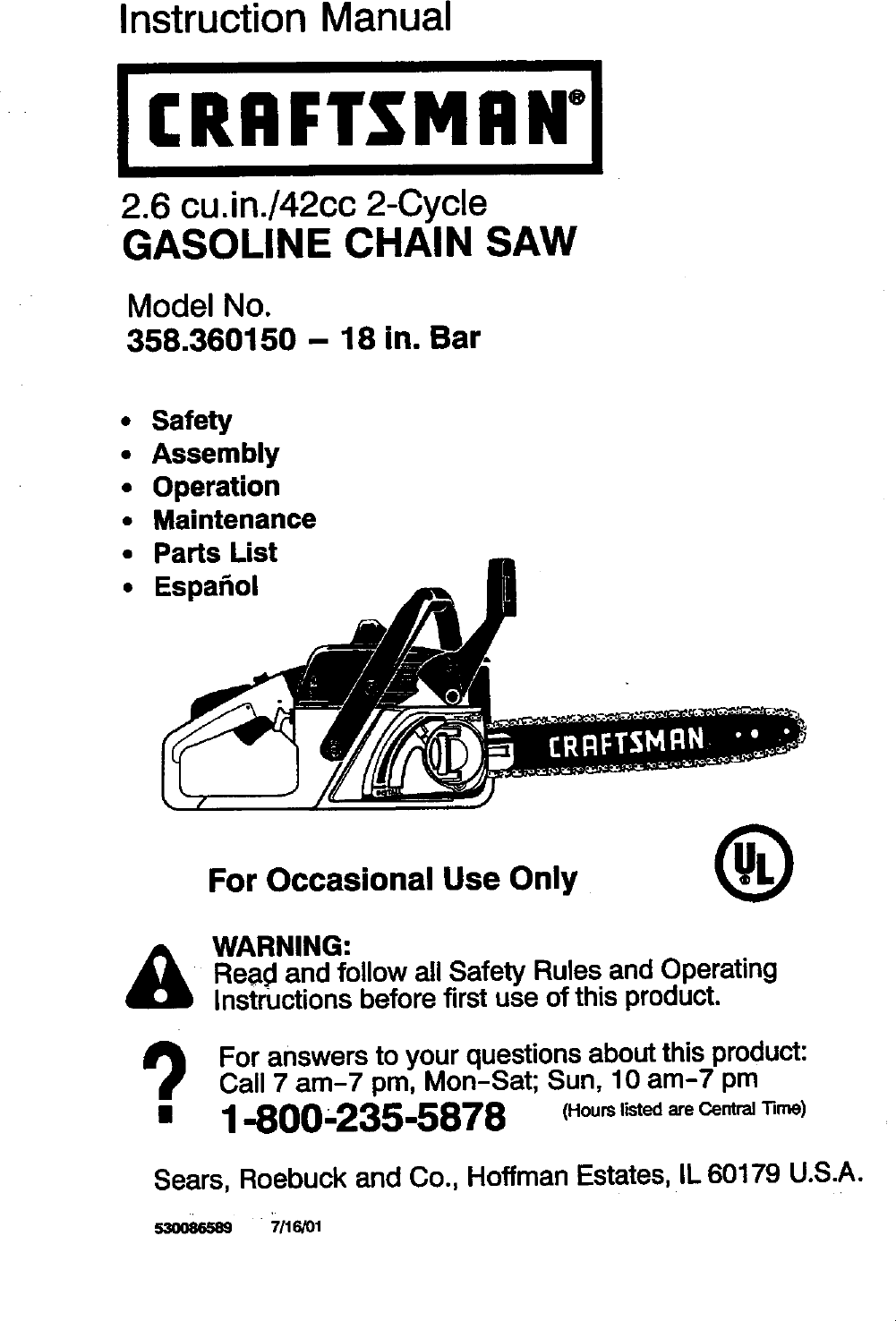 Craftsman 358360150 User Manual CHAIN SAW Manuals And Guides L0112040