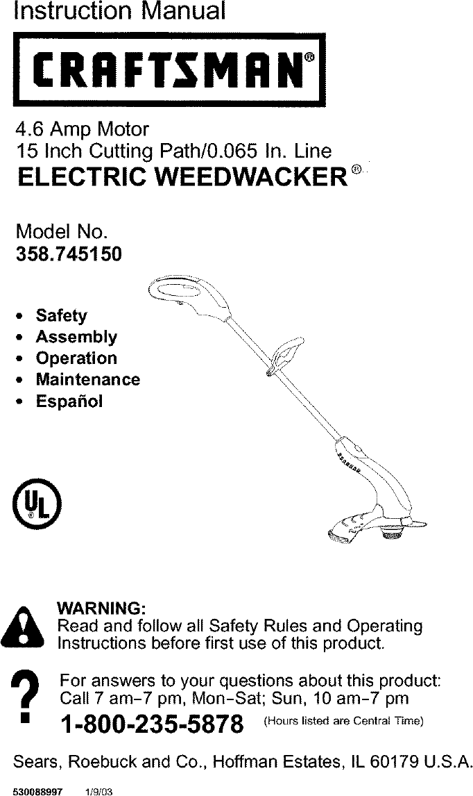 Craftsman 358745150 User Manual LINE TRIMMER Manuals And Guides L0301130