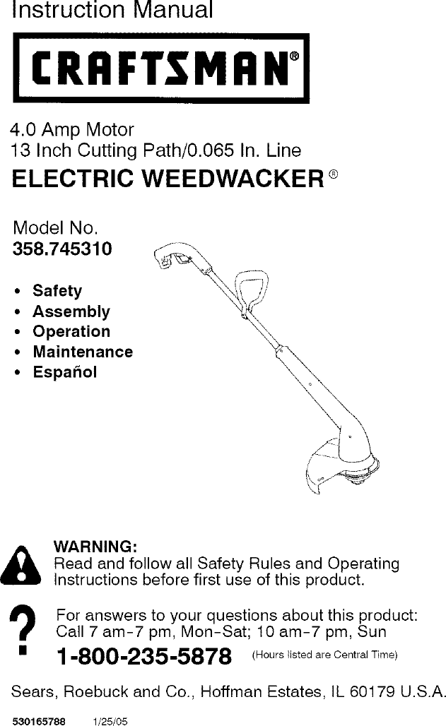 Craftsman 358745310 User Manual ELECTRIC WEED TRIMMER Manuals And