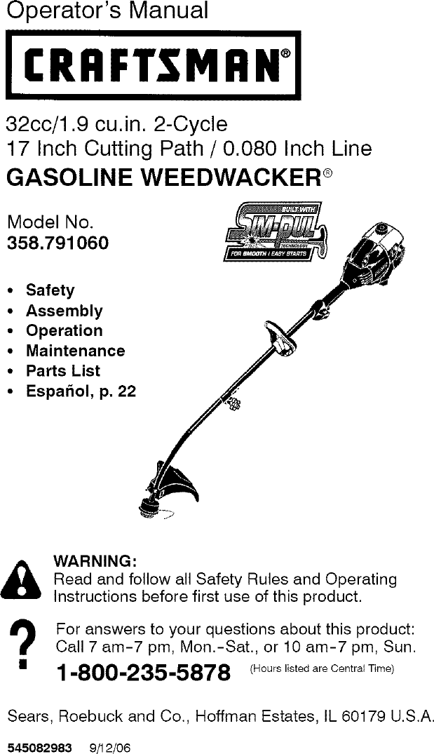 Craftsman 358791060 User Manual TRIMMER Manuals And Guides L0609796
