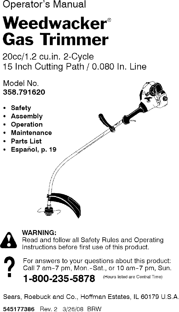 Craftsman 358791620 User Manual TRIMMER Manuals And Guides L0807036