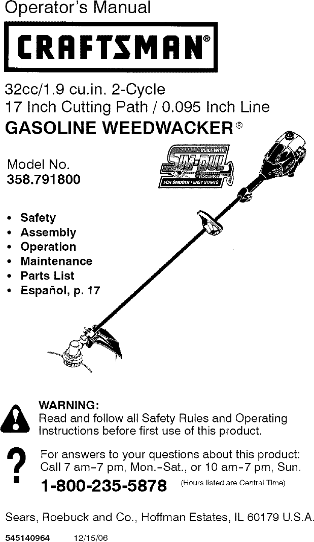 Craftsman 358791800 User Manual TRIMMER Manuals And Guides L0706454