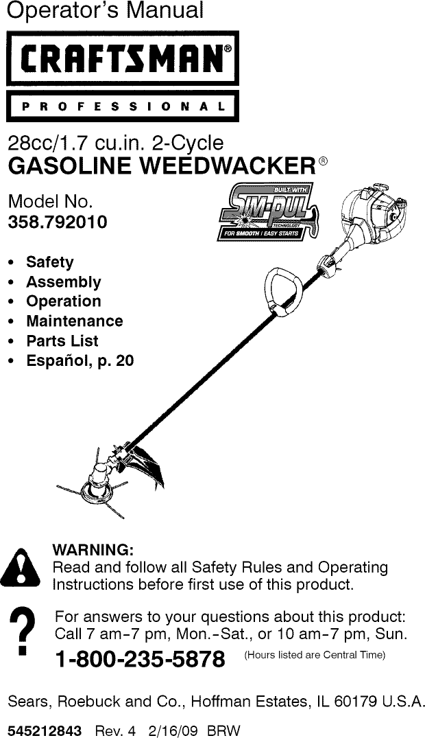 Craftsman 358792010 User Manual TRIMMER Manuals And Guides L0902323