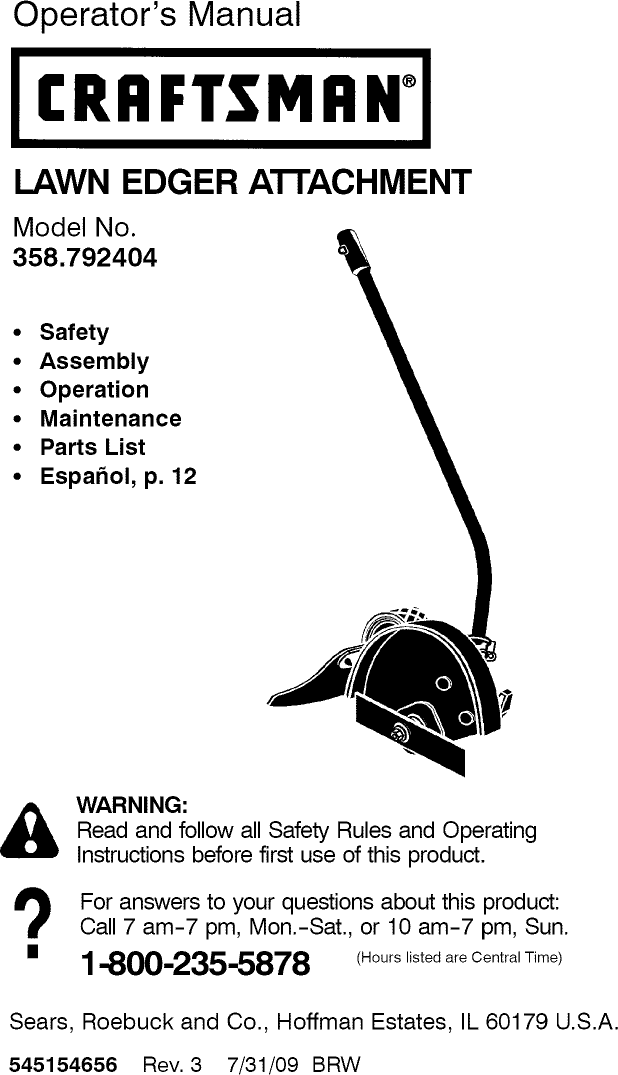 Craftsman 358792404 User Manual EDGER ATTACHMENT Manuals And Guides
